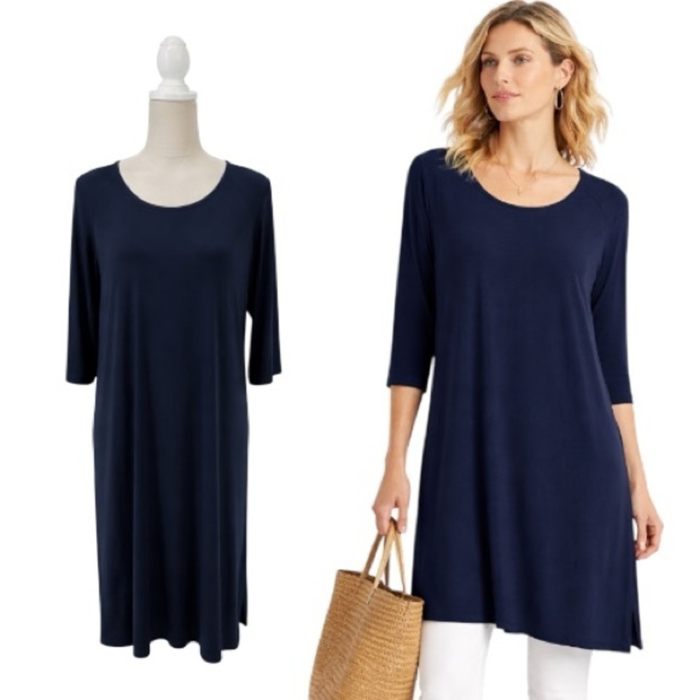 Alembika Long Tunic Top Navy Size 2 US 8-10 A-Line 3/4 Sleeve Minimalist Stretch
